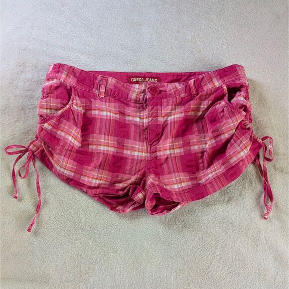 Y2K Guess Plaid Micro Shorts Women's 32 M Pink Ruched Drawstring Bow Vintage - Picture 2 of 9